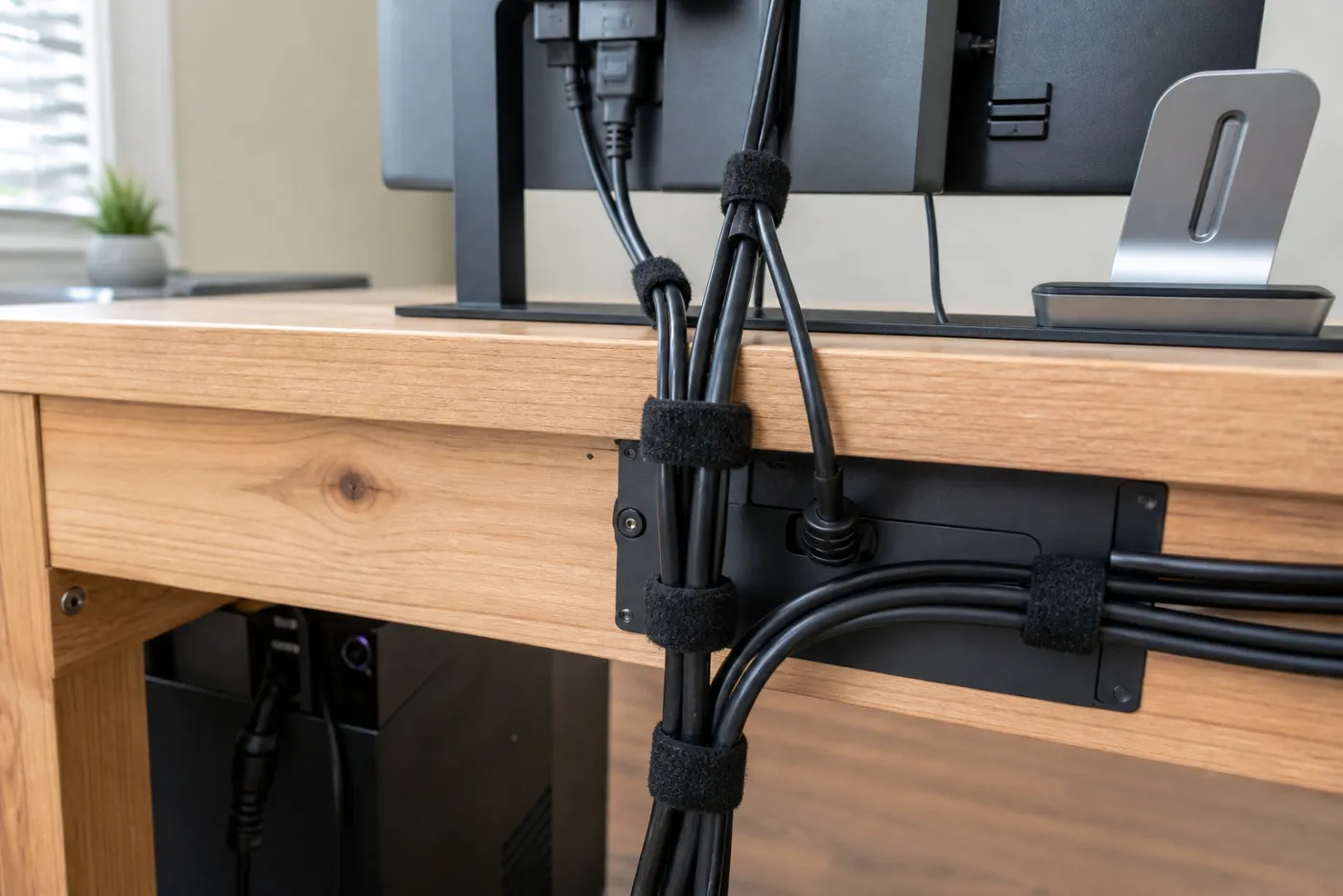 Kabels achter een bureau netjes gebundeld met klittenband-kabelbinders