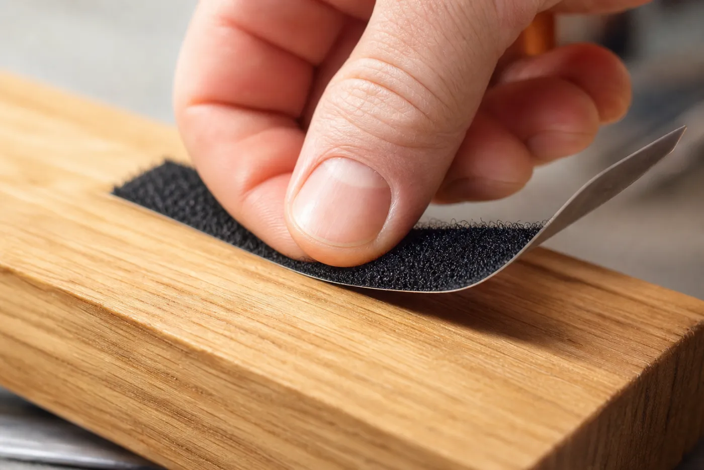 Hand drukt een strip zelfklevend klittenband op een houten plank, de haakjes zijn zichtbaar